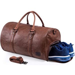 Leather Travel Bag with Shoe Pouch, Waterproof Weekender Overnigh…